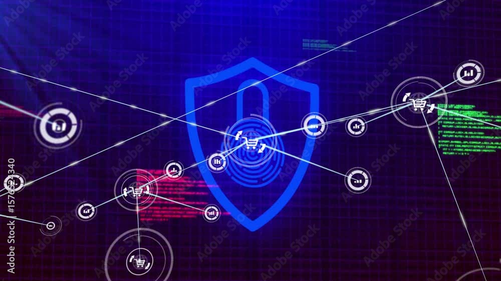 Poster Animation starting with fingerprint shield fading in sending connecting lines to nodes mapping flow