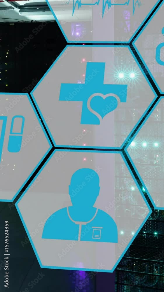 Poster animation of network of medical icons and data processing over computer servers