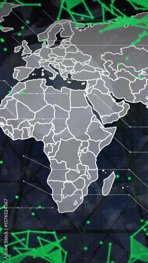 Poster animation of network of connections and data processing over continents on black background