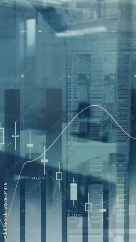 Poster animation of data processing on graph over empty office space