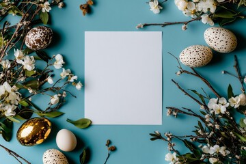 Fototapeta premium Colorful Easter Eggs Arranged Around a Blank Card on a Teal Background With Flowers and Branches