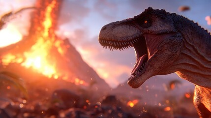 Dinosaur confronting volcanic eruption