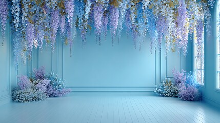 A serene blue interior with cascading wisteria flowers creates an elegant and romantic backdrop for any occasion