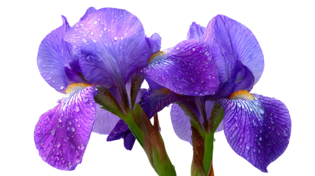 Two vibrant purple iris flowers with water droplets isolated on a transparent background