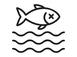 Obraz premium Black outline of dead fish above water waves isolated on white background, graphic illustration. concept of environmental pollution, contaminated water, ocean, eco awareness, icon