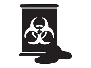 Black outline of hazardous waste barrel with biohazard symbol and spill isolated on white background, graphic illustration. concept of environmental pollution, toxic waste, contamination, danger.