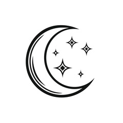 Crescent moon graphic with stars, astrology, modern outline in black and white