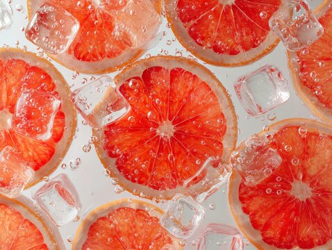 Grapefruit slices, beautiful water droplets, and ice cubes are set against a delicate pink background - Powered by Adobe