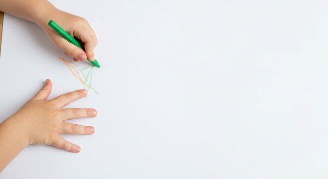 Child's Hand Drawing with Green Crayon on White Paper, Creative and Artistic Concept
