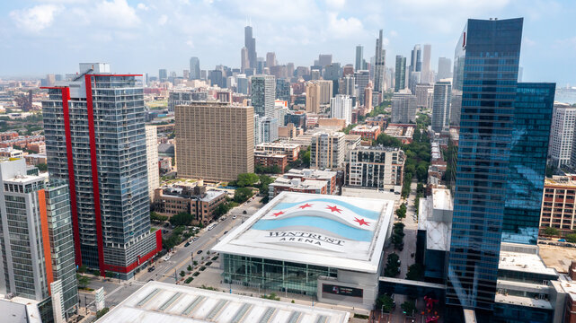 Chicago, IL, USA - July 9, 2025: Aerial view of Wintrust Arena, which is across from the McCormick Place in the Chicago Loop and home to the Chicago Sky Women's basketball team and other events.