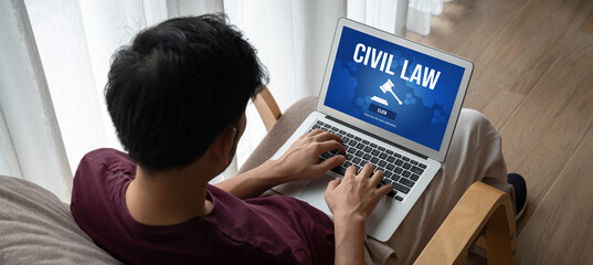 Civil law brisk information showing on computer screen for Common Justice Legal Regulation Rights...
