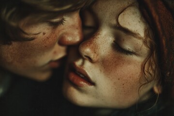 Close up of young couple embracing, freckled faces, eyes closed, intimate moment, romantic mood