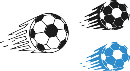 Three soccer balls with motion lines in black blue and white on a white background