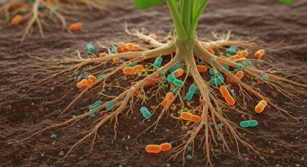 Close-up Render of Plant Roots with Bacteria Interacting in Soil, Life Science Concept.