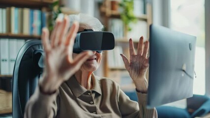 Elderly woman explores virtual reality experience at home - Powered by Adobe