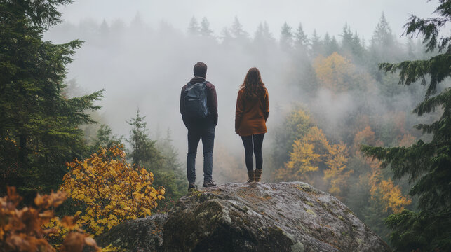 Two hikers stand atop a rocky outcrop, overlooking a misty forest with autumn-colored trees spreading into the distance. - Powered by Adobe