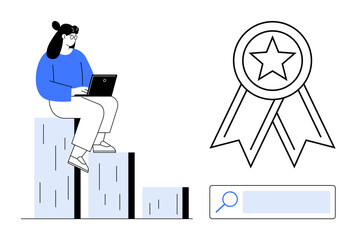Woman working on laptop atop bar graph, large award ribbon symbolizing recognition, search bar for focus. Ideal for business success, growth strategy, career planning, goal setting, achievement