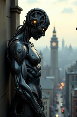 Fototapeta premium A futuristic humanoid robot stands on a rooftop, gazing over a city skyline at sunset.