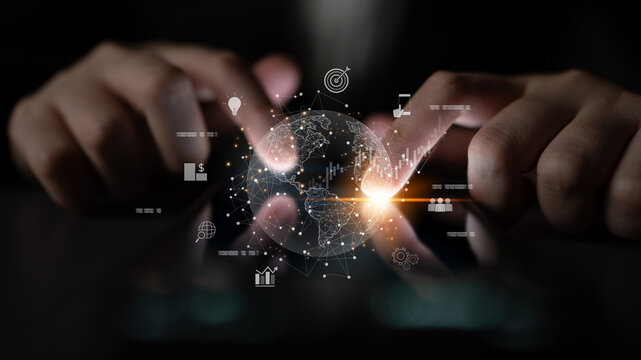 Global business network connecting digital economy and data exchange. Global business expands market, business shares data, global drives finance, and global business supports insight. Latch