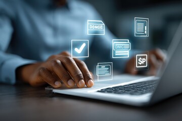 Person in suit is typing on laptop with digital document icons hovering above the keyboard showing business and data management concepts