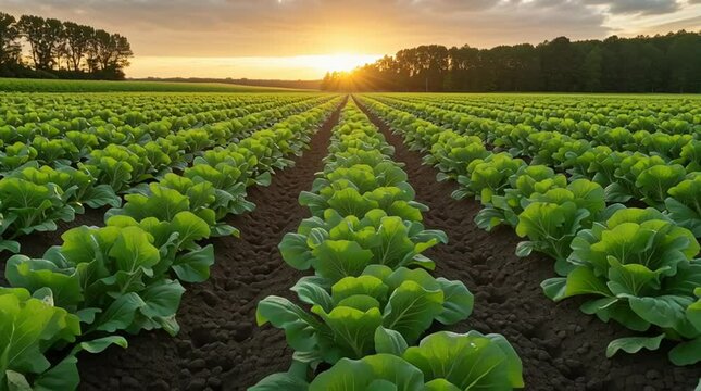 Lush green cabbage plants growing in rows on fertile soil, illuminated by a warm sunset, creating a serene agricultural landscape with vibrant colors and natural beauty