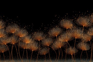 Golden glittery fireworks and leaves decorate a black background with scattered confetti, creating a festive and elegant atmosphere for a party or celebration