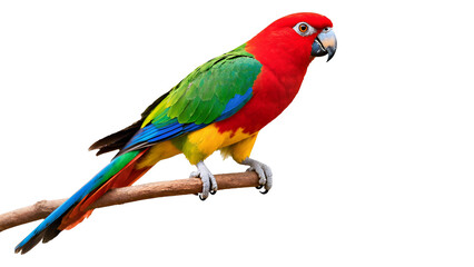Fototapeta premium The image shows a brightly coloured, exotic parrot perched on a horizontal wooden branch. The bird's plumage is characterised by rich, contrasting colours: the head and upper chest are bright red, the