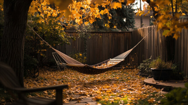 A hammock hangs empty in a cozy backyard covered with autumn leaves under golden sunlight filtering through fall foliage.