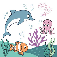 Fototapeta premium A cartoon dolphin, octopus and fish swim in the sea isolated on white background
