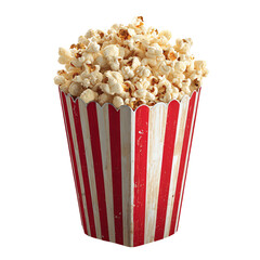 Realistic striped popcorn bucket full of fresh popcorn isolated on transparent white background