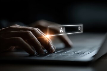 Person is typing 'ai' into a search bar on a modern laptop computer in dim light for the purpose of researching new technologies