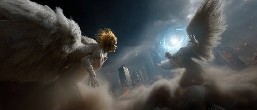 Epic angel and demon confrontation with massive winged beings in dramatic sky