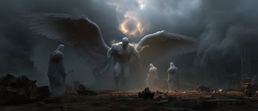 Epic confrontation of angel and demon with massive wings in dramatic fantasy scene