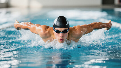 man swimming in pool