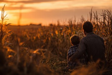 Caucasian Family Bonding in Cornfields at Sunset: A Heartwarming Moment of Affection and Agriculture