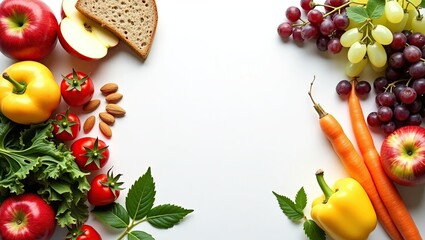 Healthy Eating Pattern: Fresh Fruit, Green Vegetables, Almonds, and Bread in a Minimalist Setting