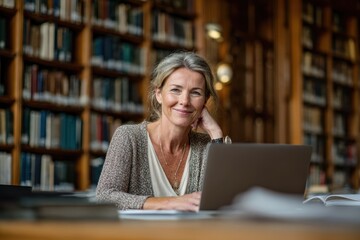 Cheerful Mature Woman Engaged in Online Learning at Library, Preparing for Her Return to Education