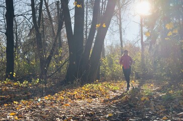 Woman running in autumn fall forest. Female runner training outdoor in profile. Healthy lifestyle...