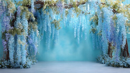A beautiful wisteria floral backdrop with cascading blooms creates a romantic and elegant scene
