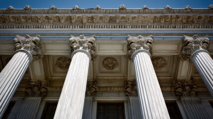Fototapeta premium Ionic Marble Columns of a Classic Bank Building in California - Architectural Finance and Support Structure