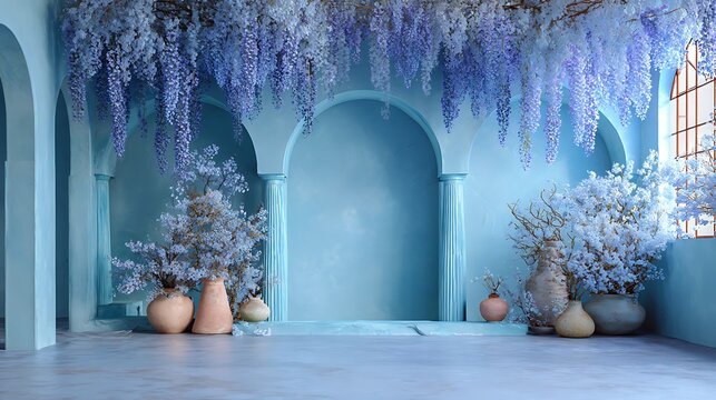 A serene wisteria floral backdrop with arches and vases creates a calming indoor scene
