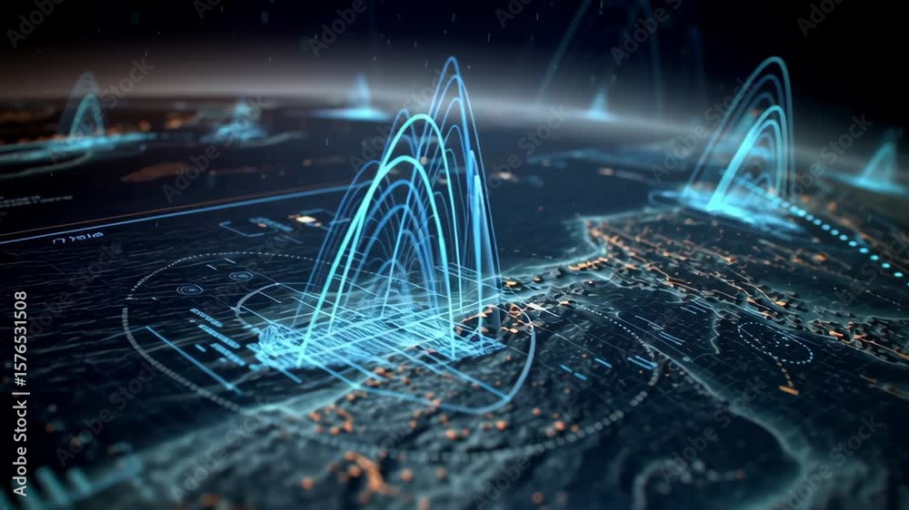 Poster visualizing global data exchange with glowing arcs representing digital connections over a stylized 