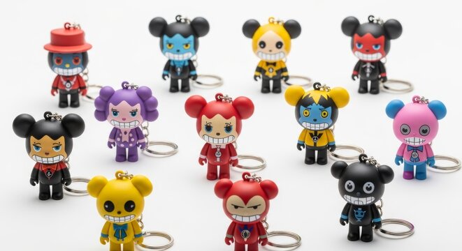 A diverse collection of colorful monster-themed character figurines on keychains, showcasing unique artistic designs on a white studio background.