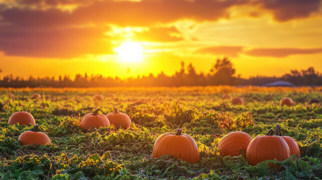 A vibrant pumpkin patch glows under a golden sunset, with ripe pumpkins scattered across lush green vines and a bright sky overhead. - Powered by Adobe