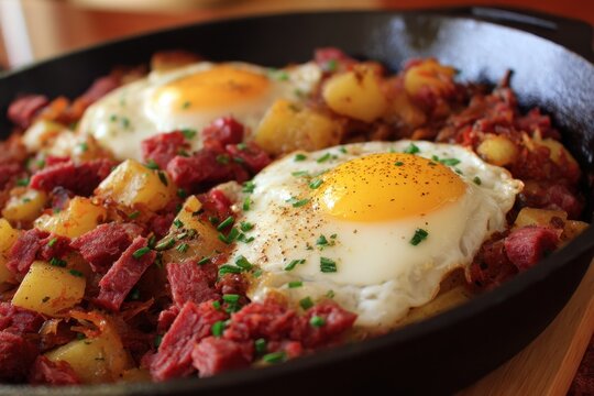 Savory Corned Beef Hash Topped with Delicious Sunny-Side-Up Eggs: A Hearty Breakfast Delight