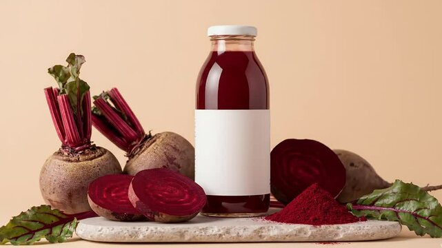 Beetroot elixir bottle with powder and sliced beets on a stone pedestal