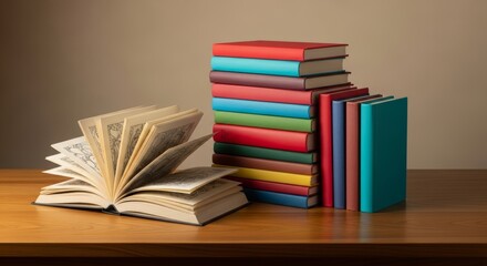 Colorful Stack of Books and Open Book on Wooden Surface