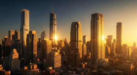 Naklejka premium Radiant Golden Hour Over a Thriving Metropolis Skyline Modern Skyscrapers Bathed in Warm Light, Symbolizing Urban Progress and Dynamic City Life.