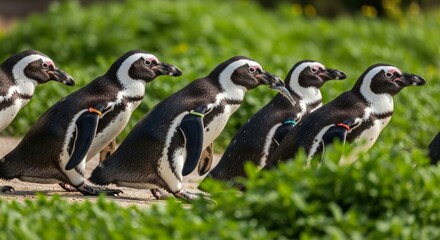 Obraz premium A colony of African penguins marching in a perfect line, a beautiful display of teamwork and unity in nature