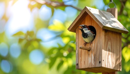 Naklejka premium Sparrow in a wooden birdhouse
